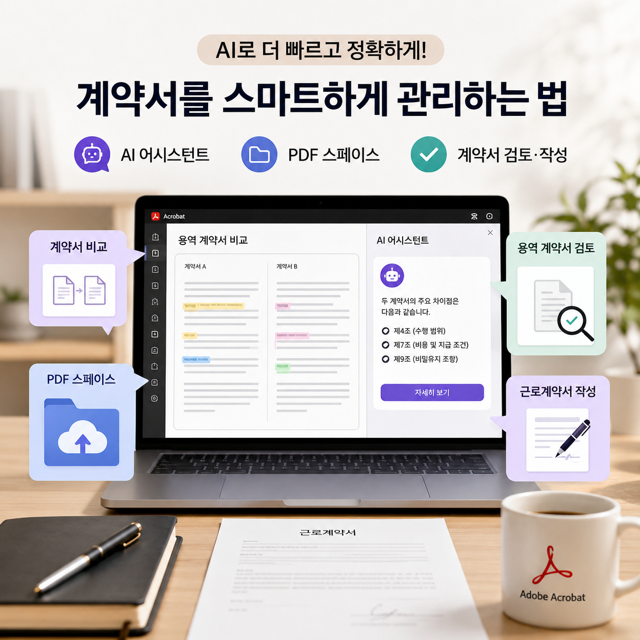 쌓인 계약서,AI로 비교 검토하고 한 번에 전자서명까지 - Adobe Acrobat의 AI 어시스턴트와 PDF 스페이스 활용법 — 코아 (브런치)