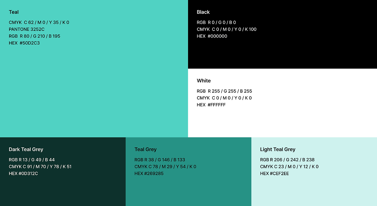 모펀 브랜드 컬러 시스템, Teal을 중심으로 Black, White, Grey 계열 색상과 RGB·CMYK·HEX 값이 정리된 컬러 가이드 화면