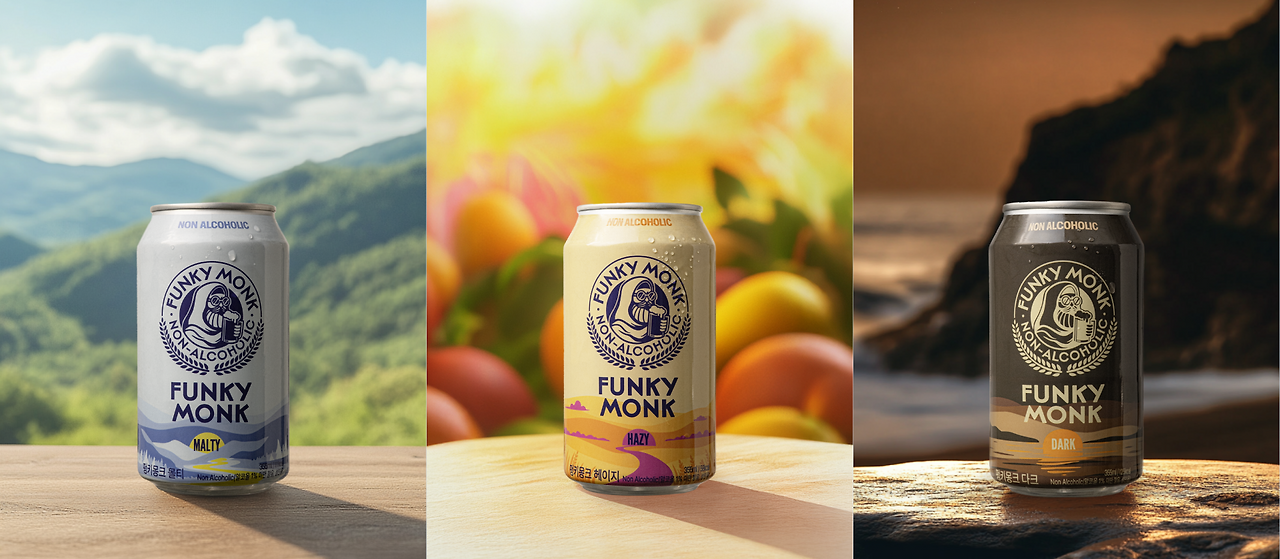 산과 숲이 보이는 자연 풍경을 배경으로 나무 테이블 위에 놓인 펑키몽크 논알콜릭 맥주 캔, 밝은 과일 배경 앞 테이블 위에 놓인 펑키몽크 논알콜릭 맥주 헤이지 캔, 해안 절벽과 바다를 배경으로 바위 위에 놓인 펑키몽크 논알콜릭 맥주 다크 캔