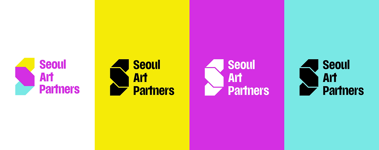 서울아트파트너스 로고를 노랑, 보라, 민트 배경에 각각 적용한 브랜드 로고 활용 예시 이미지