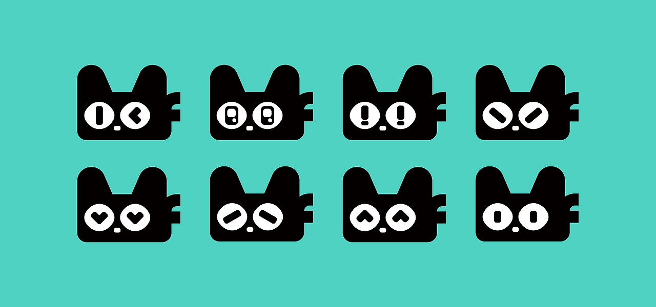 민트색 배경 위에 다양한 표정을 가진 모펀 캐릭터 아이콘 8종