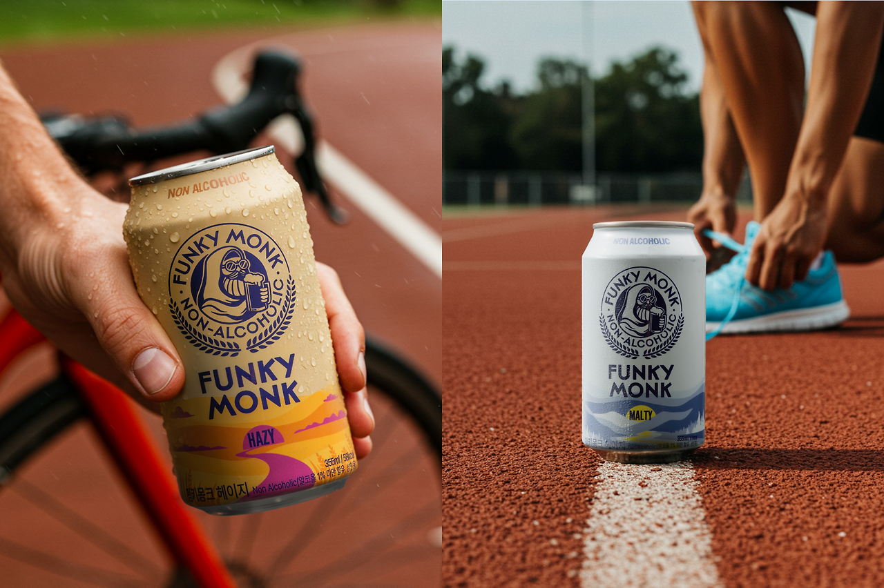 러닝 트랙 위에서 자전거를 배경으로 손에 들고 있는 펑키몽크 논알콜릭 맥주 캔