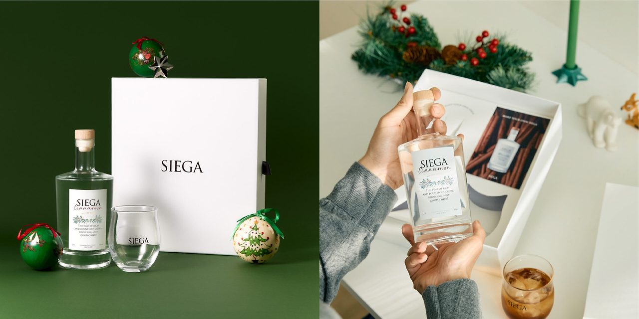 장식 오브제와 함께 연출된 SIEGA Cinnamon 리큐르 기프트 세트