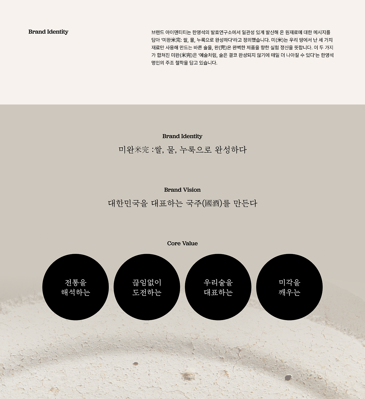 도한 브랜드 아이덴티티와 미완(米完) 철학을 설명하는 텍스트 구성 화면, 도한 브랜드 비전과 핵심 가치 네 가지를 원형 그래픽으로 표현한 이미지