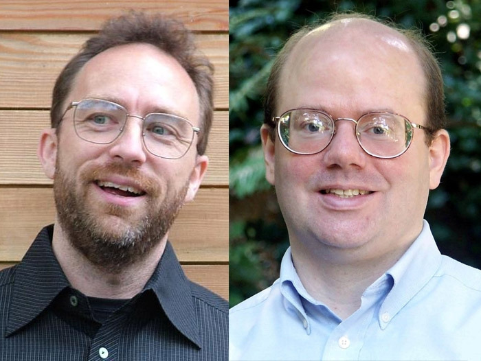 위키피디아의 공동 창립자인 지미 웨일스(Jimmy Wales)와 래리 생어(Larry Sanger) [<a href=